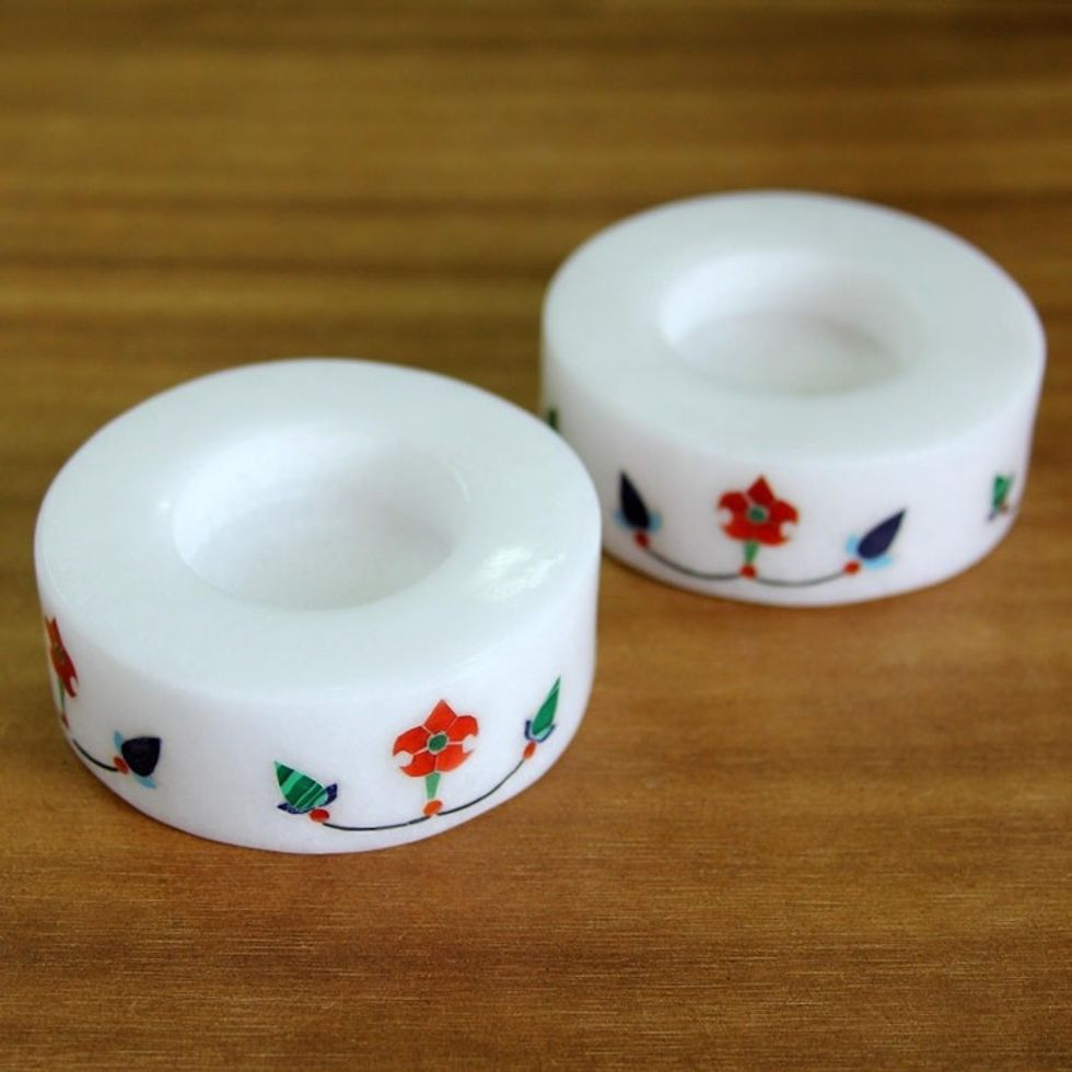 Pair of Marble Tealight Holders Handcrafted in India 'Floral Disc'