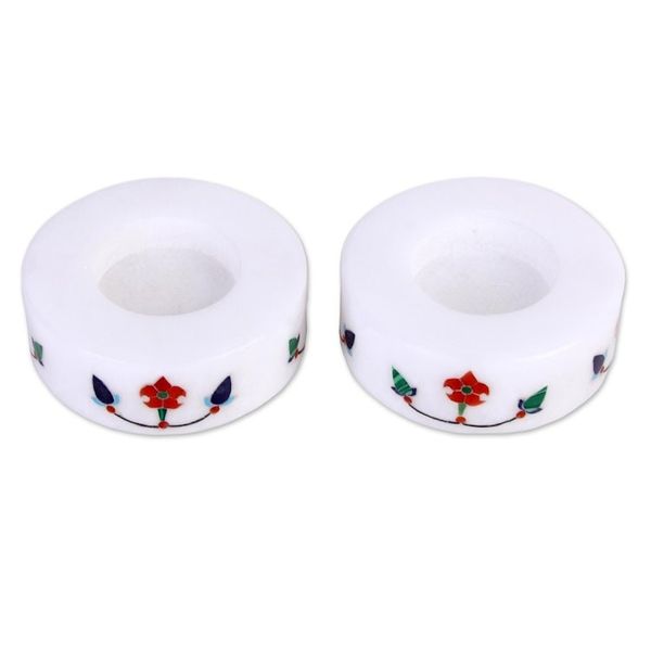 Alternate image for Pair of Marble Tealight Holders Handcrafted in India Floral Disc