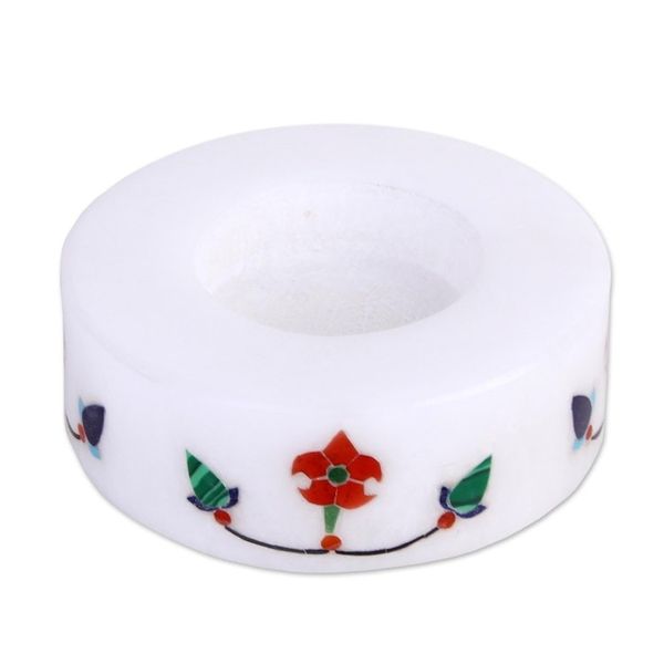 Alternate image for Pair of Marble Tealight Holders Handcrafted in India Floral Disc