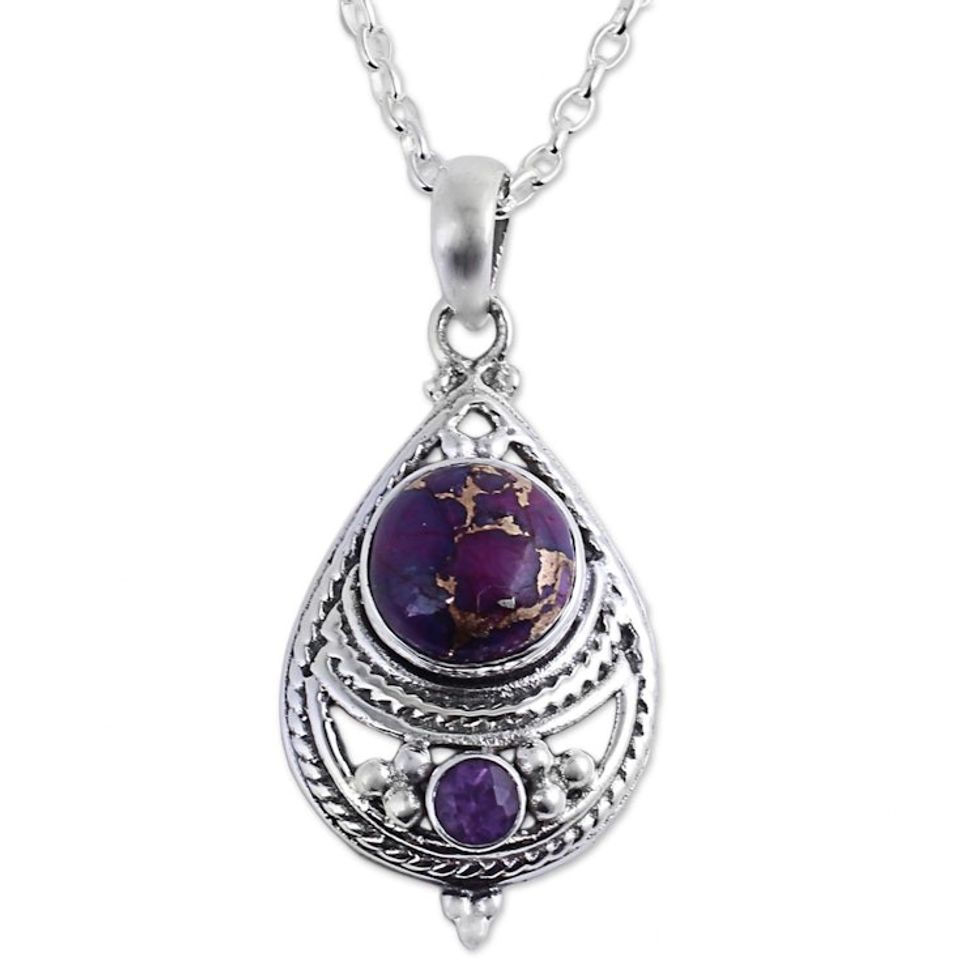 Amethyst and Composite Turquoise Pendant Necklace from India 'Mesmerizing Sphere'