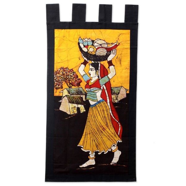 Alternate image for Handmade Traditional Batik Cotton Wall Hanging from India Fresh Vegetable Vendor