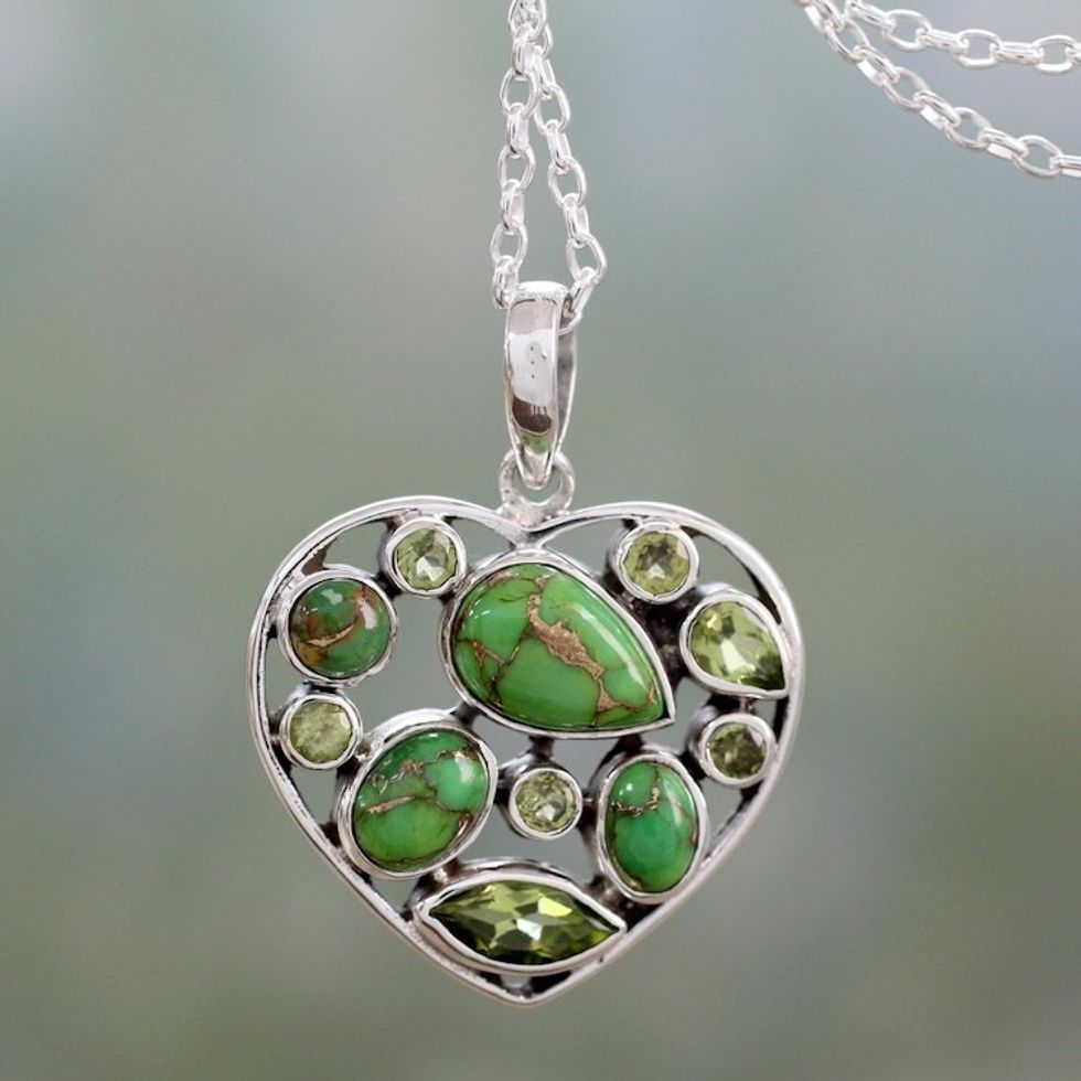 Handmade Peridot and Sterling Silver Green Heart Necklace 'Green Jaipuri Heart'