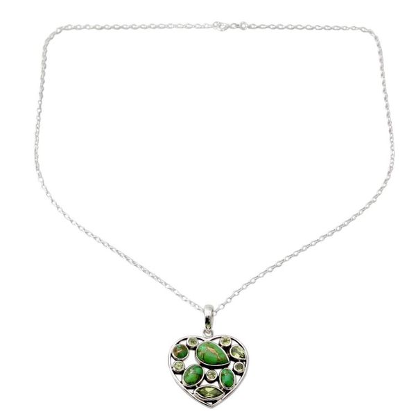 Alternate image for Handmade Peridot and Sterling Silver Green Heart Necklace Green Jaipuri Heart