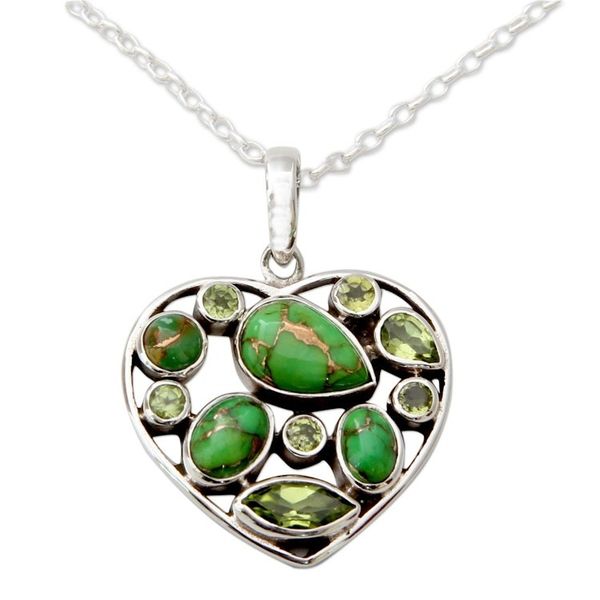 Alternate image for Handmade Peridot and Sterling Silver Green Heart Necklace Green Jaipuri Heart