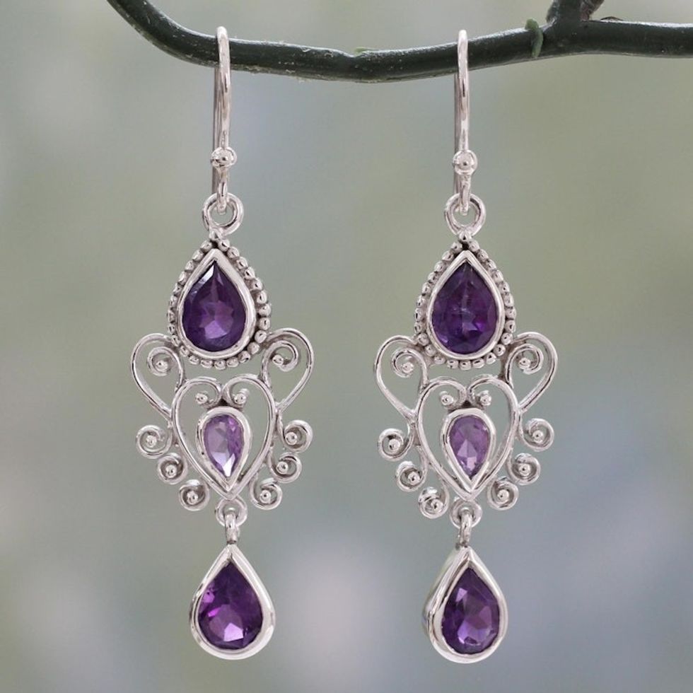 Amethyst Birthstone Dangle Earrings in Sterling Silver 'Enchanted Princess'