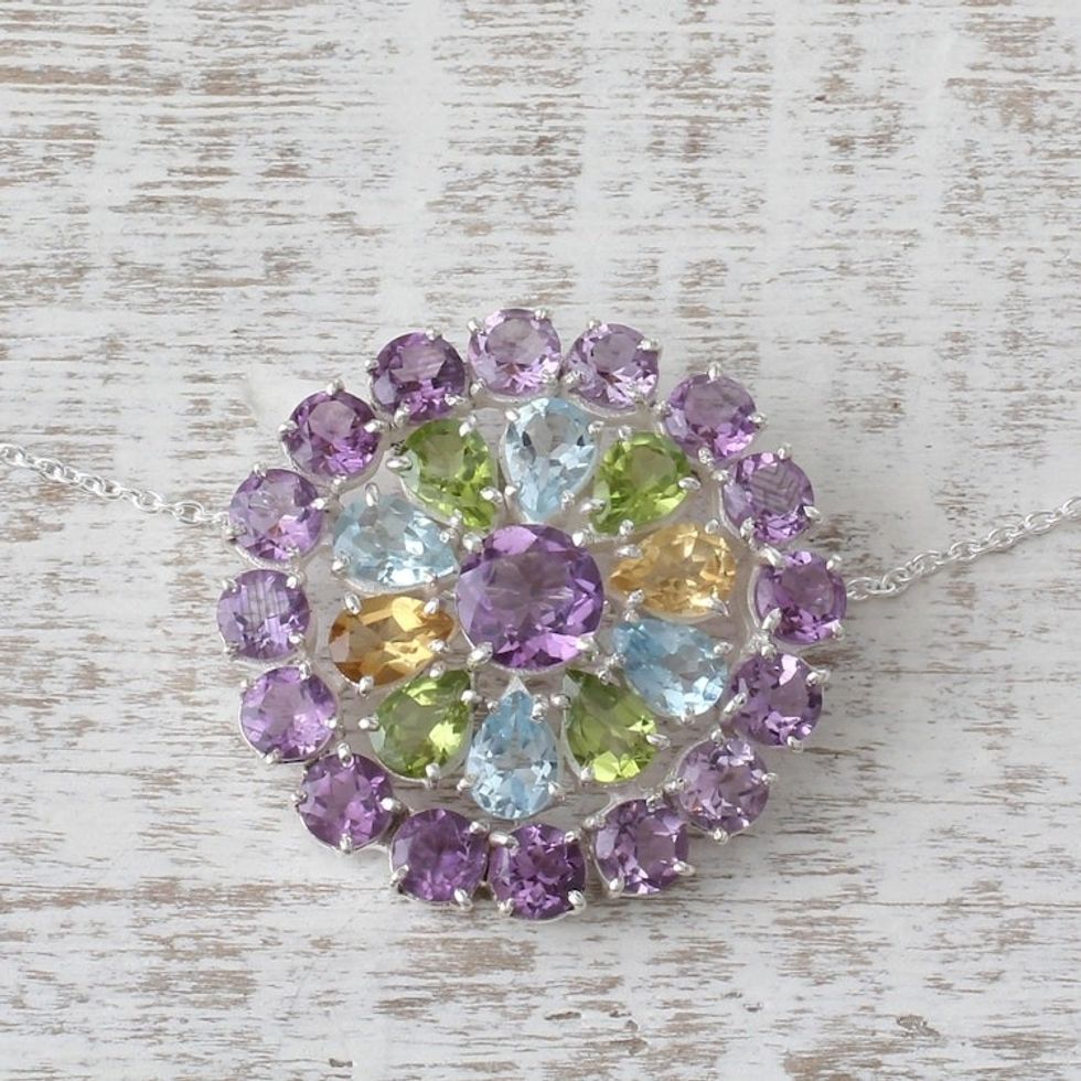 Sterling Silver Gemstone Pendant Necklace from India 'Glamour Burst'