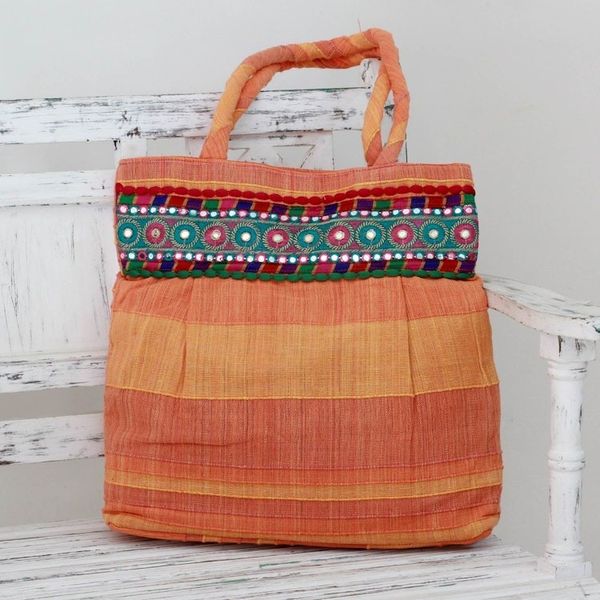 Alternate image for Indian Artisan Crafted Orange Cotton Shoulder Bag Sunset Muse