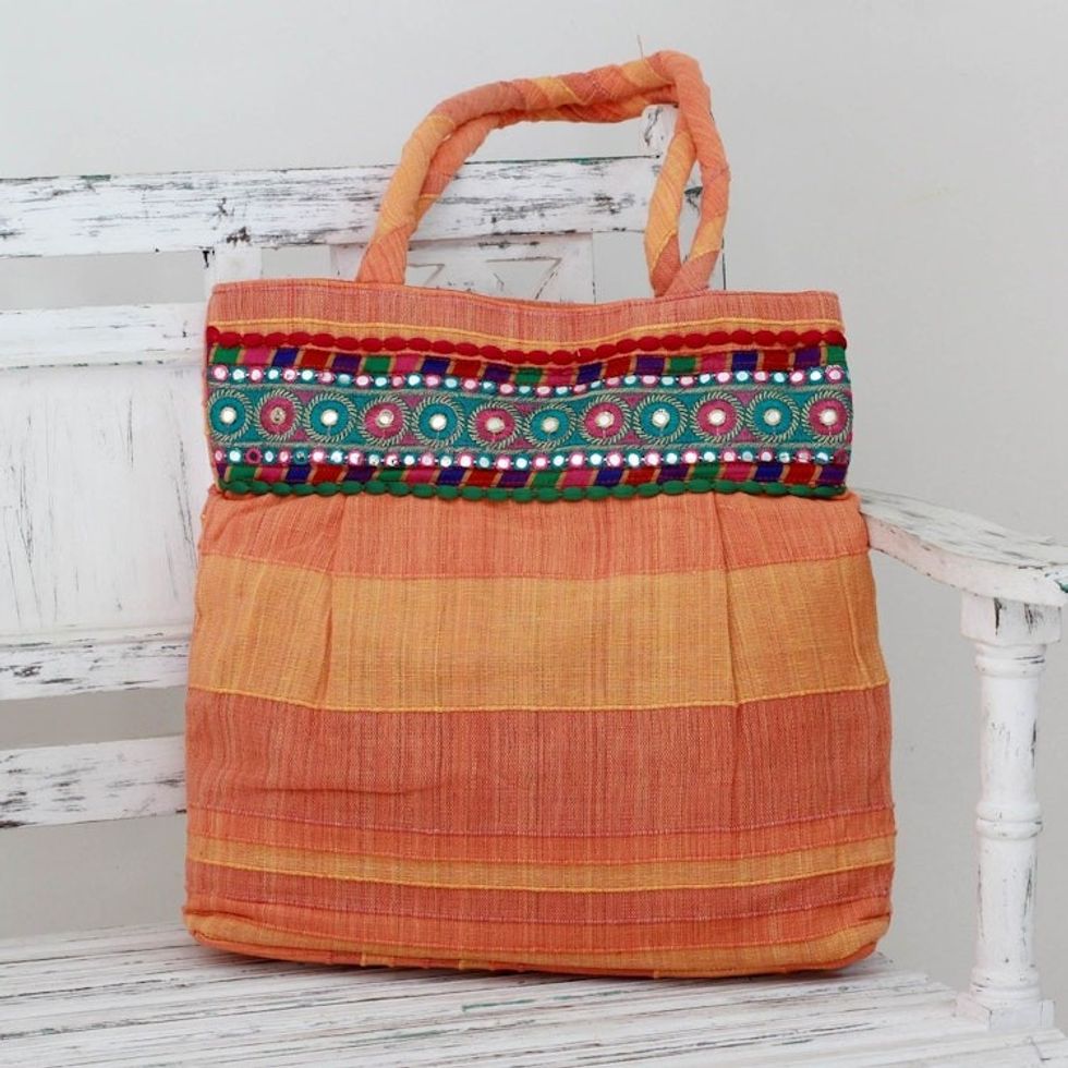 Indian Artisan Crafted Orange Cotton Shoulder Bag 'Sunset Muse'