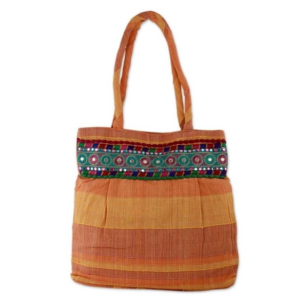 Alternate image for Indian Artisan Crafted Orange Cotton Shoulder Bag Sunset Muse