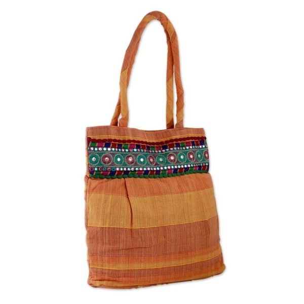 Alternate image for Indian Artisan Crafted Orange Cotton Shoulder Bag Sunset Muse