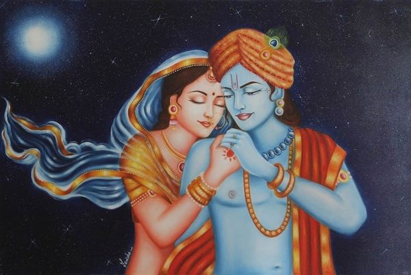 Image for Original Oil Painting of Krishna and Radha from India Divine Love