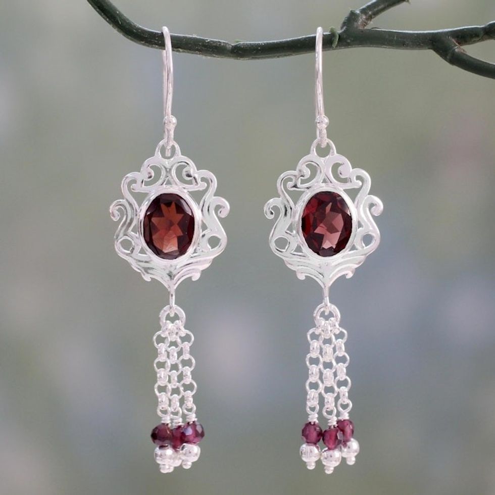 Garnet Dangle Earrings with Jali Motif from India 'Crimson Mughal Flair'