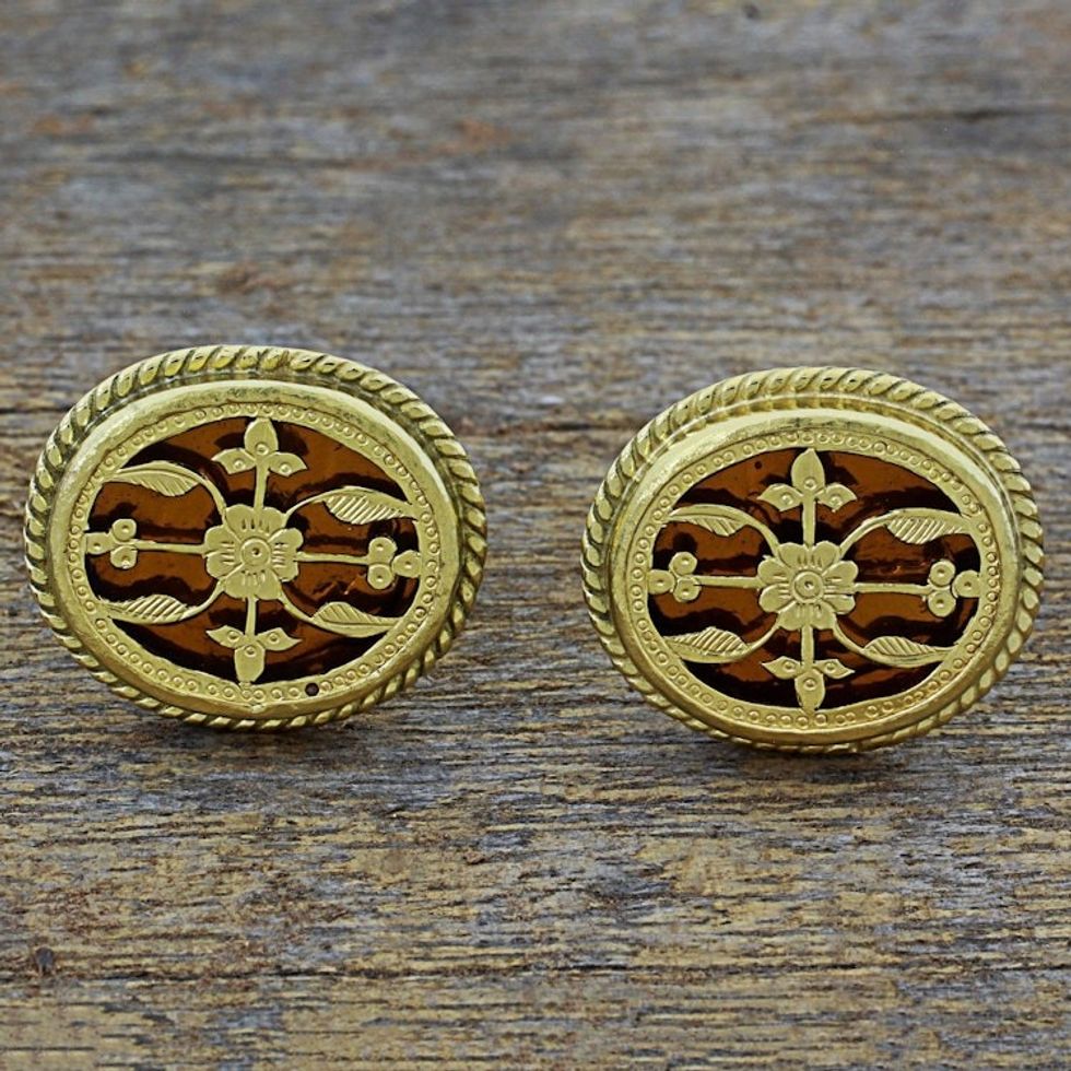 Hand Made Gold and Glass Cufflinks from India 'Golden Glory'