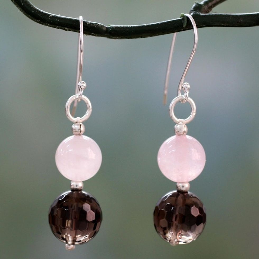 Rose Quartz and Smoky Quartz Dangle Earrings from India 'Earthy Love'