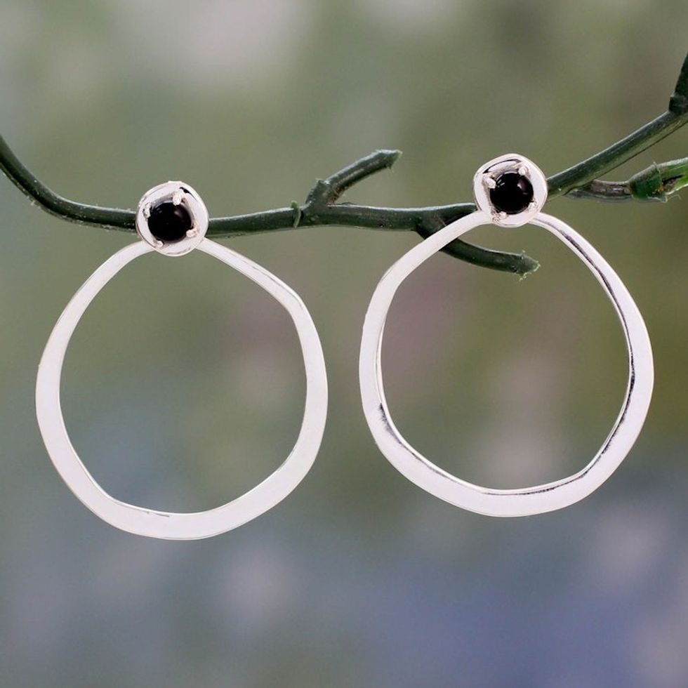 Contemporary Drop Earrings in Sterling Silver with Onyx 'Singularity'