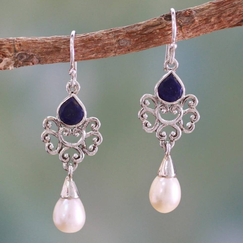 Artisan Crafted Pearl and Lapis Earrings 'Azure Crown'