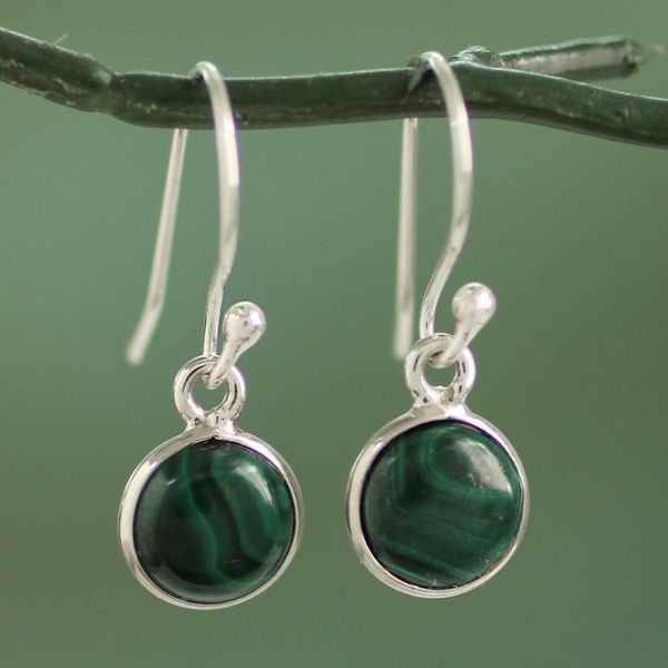 Alternate image for High Polish Sterling Silver and Malachite Dangle Earrings Malachite Spheres