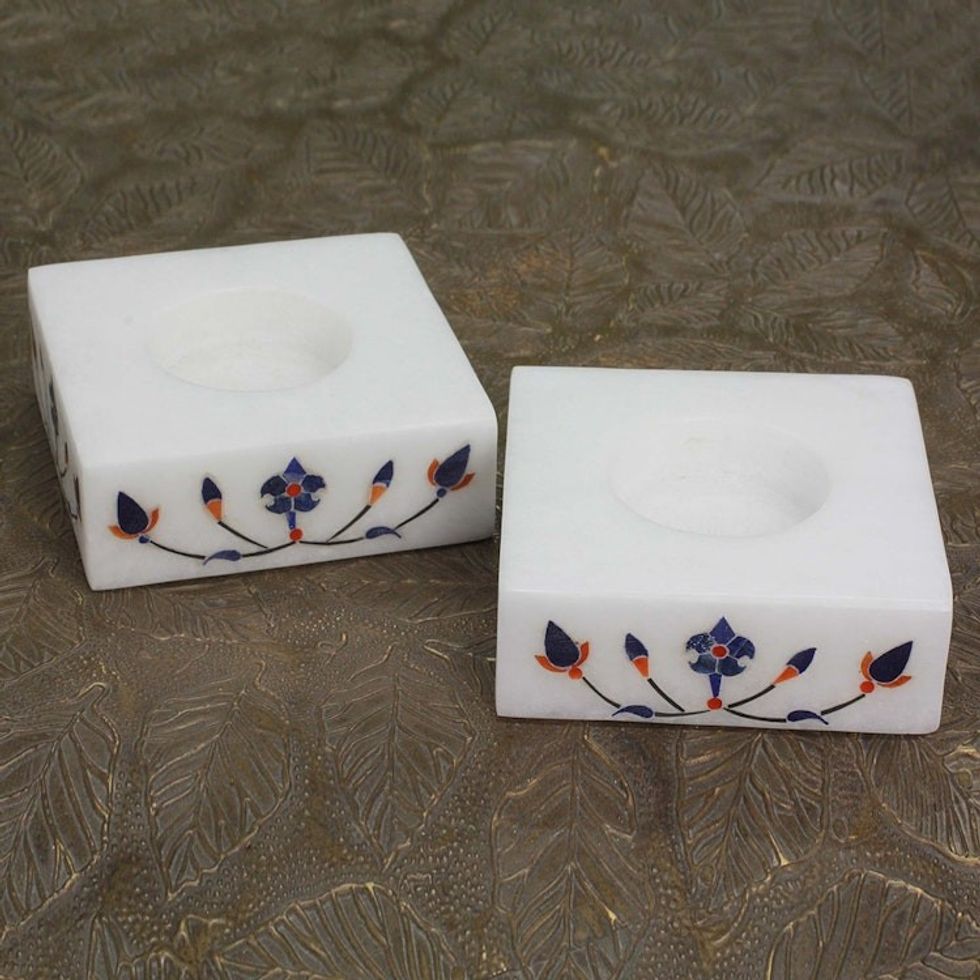 Square Marble Tealight Holder with Blue Blooming Buds Pair 'Blooming Buds in Blue'