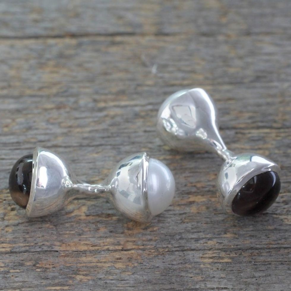 Smoky Quartz and Cultured Pearl Silver Cufflinks 'Luminous Mist'