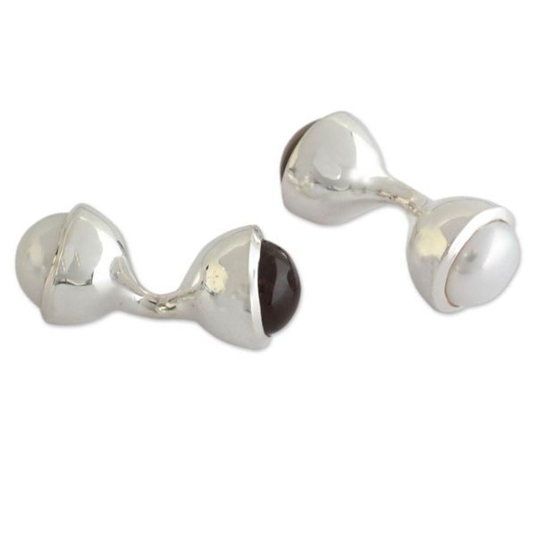 Alternate image for Smoky Quartz and Cultured Pearl Silver Cufflinks Luminous Mist