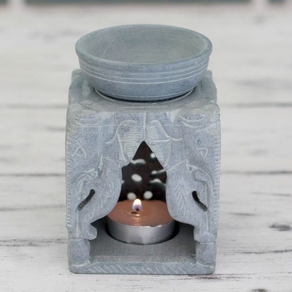 Alternate image for Oil Warmer Hand-carved of Soapstone Agra Elephants