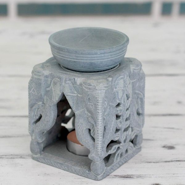 Alternate image for Oil Warmer Hand-carved of Soapstone Agra Elephants