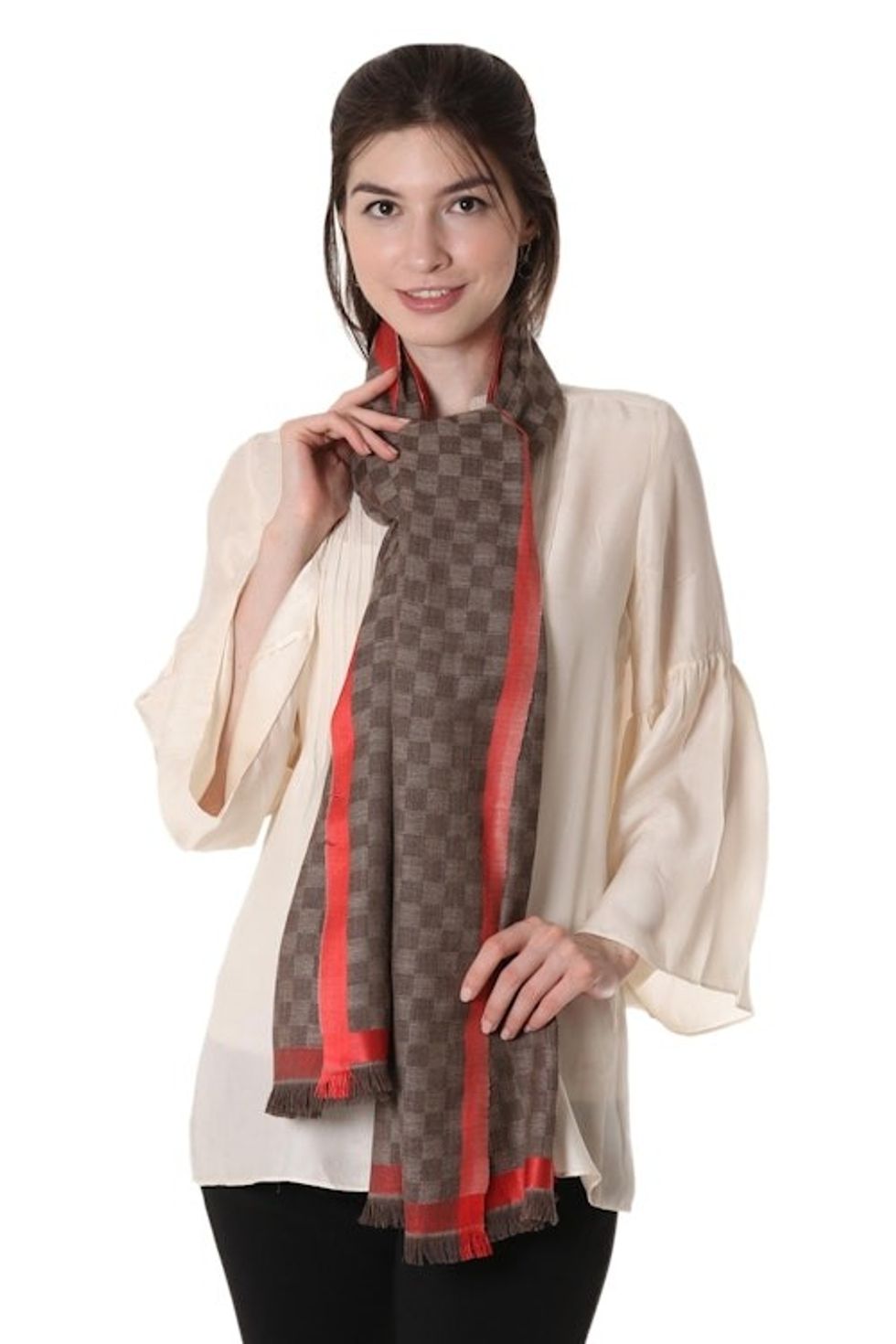 Wool Patterned Shawl in Mahogany and Strawberry from India 'Checkered Mahogany'