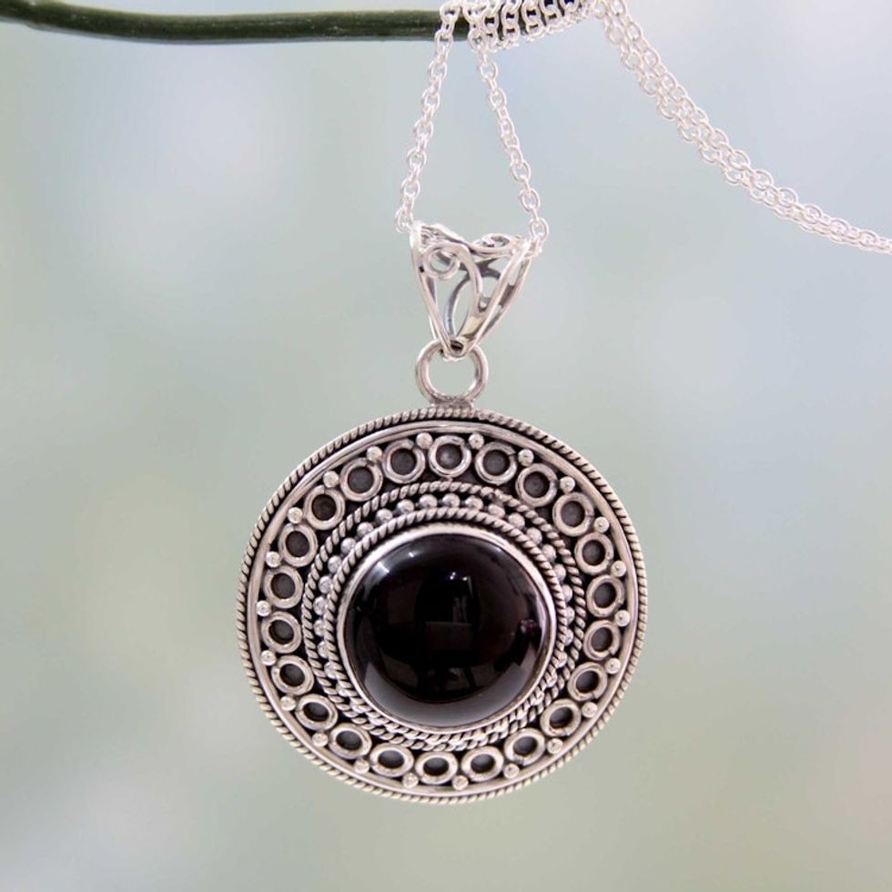 Black Onyx on Sterling Silver Pendant Necklace from India 'Mumbai Medallion'
