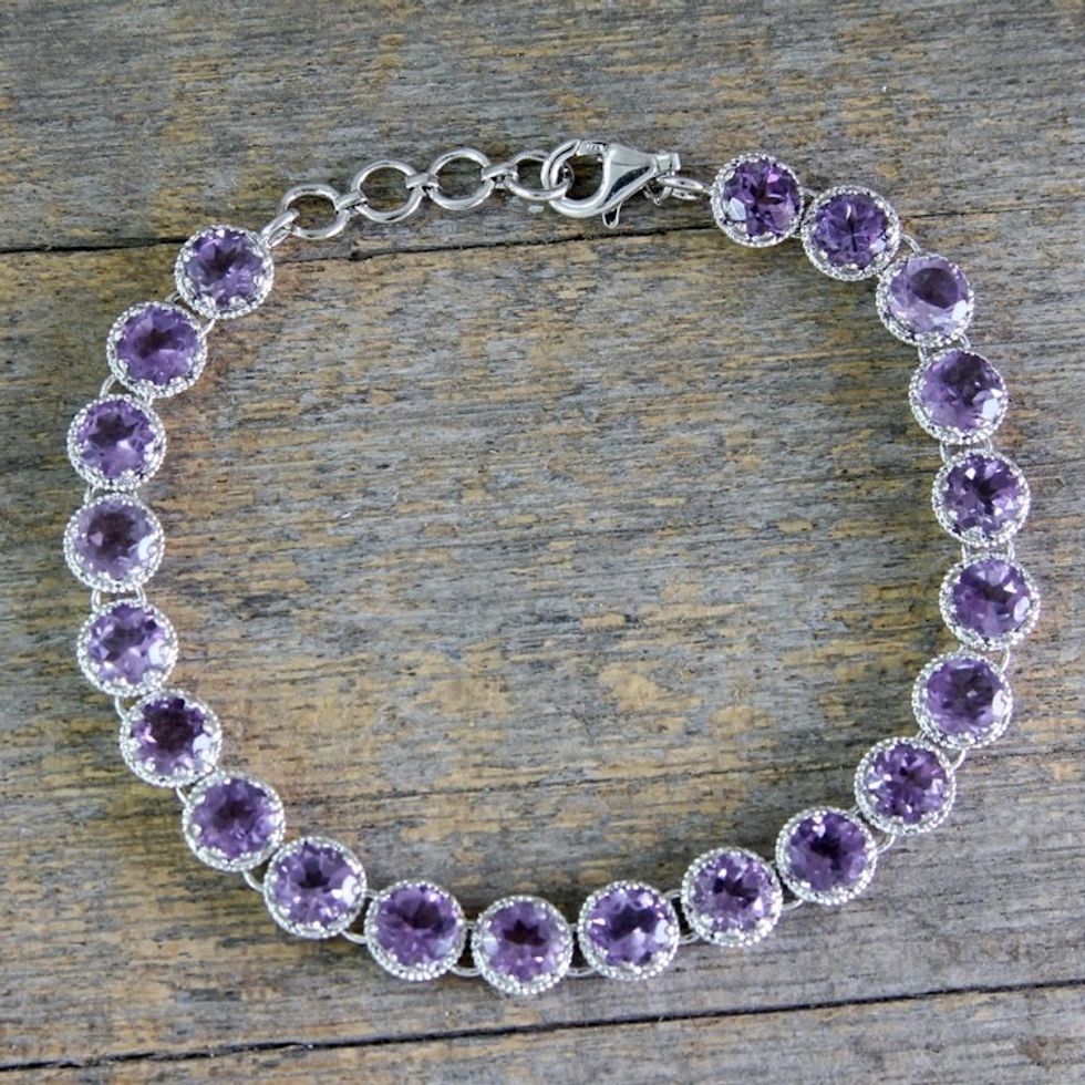 Artisan Handcrafted Silver Tennis Bracelet with 21 Amethysts 'Violet Enchantment'