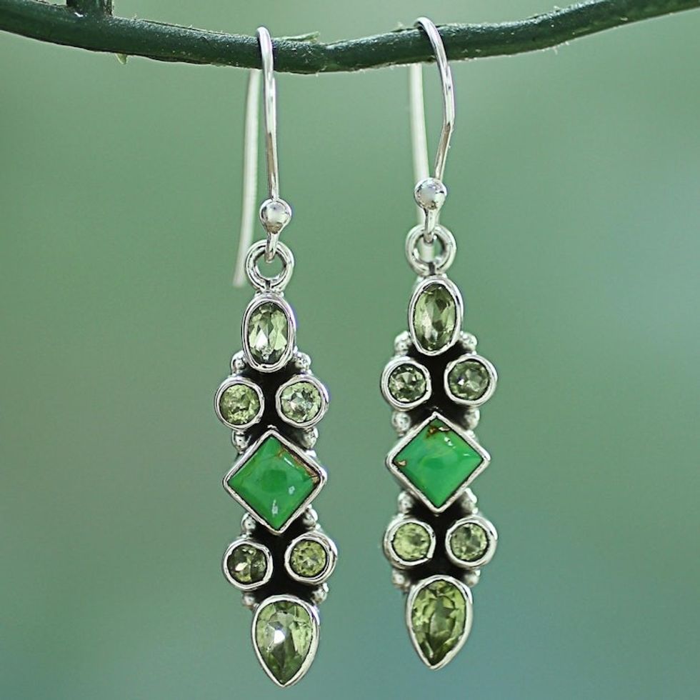 Sterling Silver Peridot Dangle Earrings from India 'Mesmerizing Shapes'