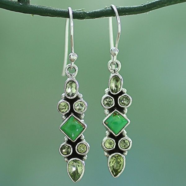 Alternate image for Sterling Silver Peridot Dangle Earrings from India Mesmerizing Shapes