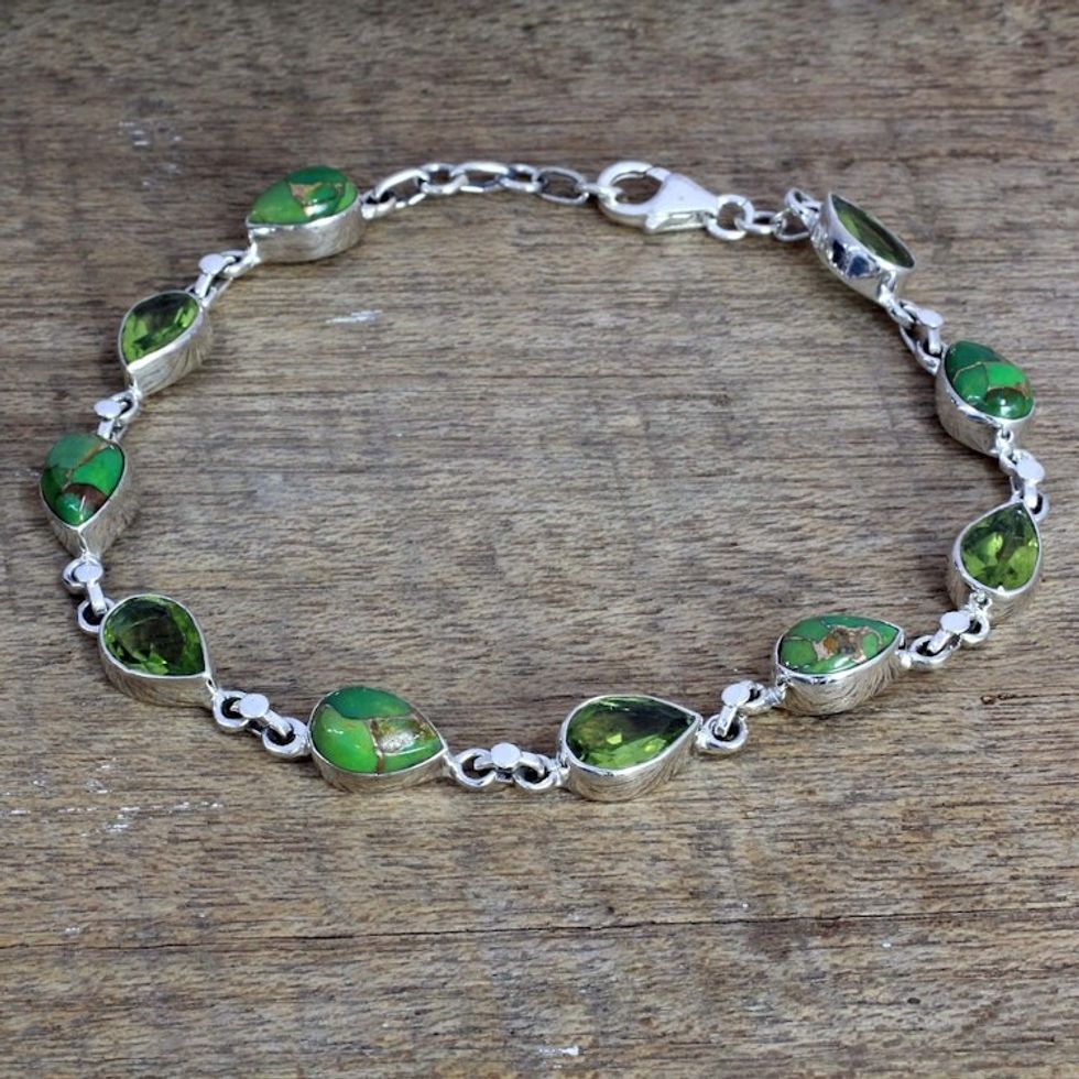 Peridot Composite Turquoise Link Bracelet from India 'Sunny Drops in Green'