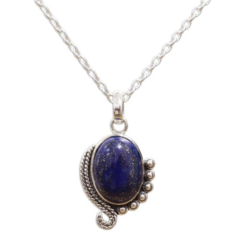 Sterling Silver Lapis Lazuli Pendant Necklace from India 'Indian Delight in Blue'