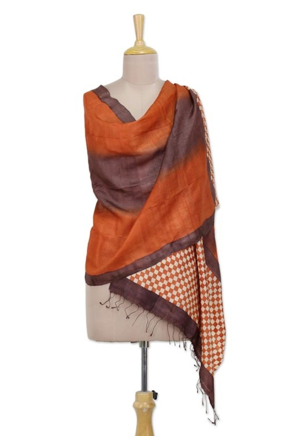 Hand Woven Striped Indian Silk Shawl in Flame and Brown 'Festive Flame'