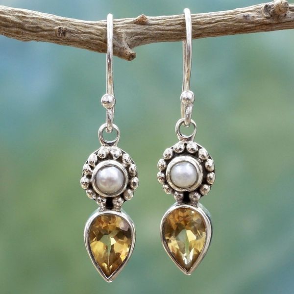 Alternate image for Sterling Silver Earrings with Citrine and Cultured Pearl Yellow Tear