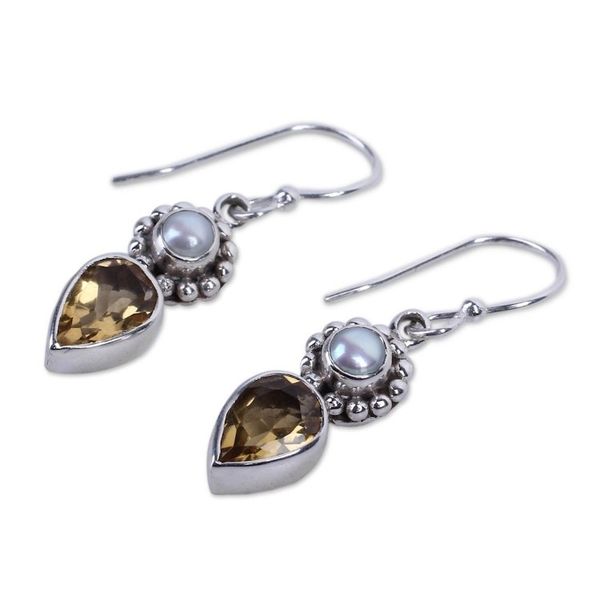 Alternate image for Sterling Silver Earrings with Citrine and Cultured Pearl Yellow Tear