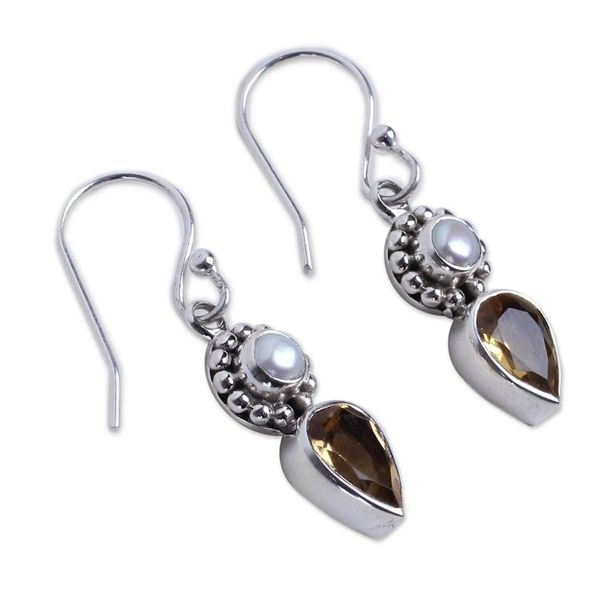 Alternate image for Sterling Silver Earrings with Citrine and Cultured Pearl Yellow Tear
