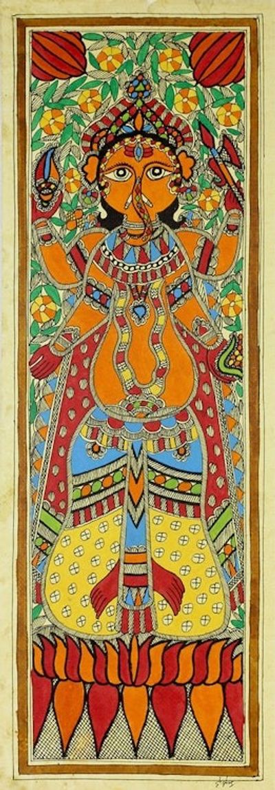 Alternate image for Hindu Deity Signed Madhubani Painting from India Happy Ganesha II