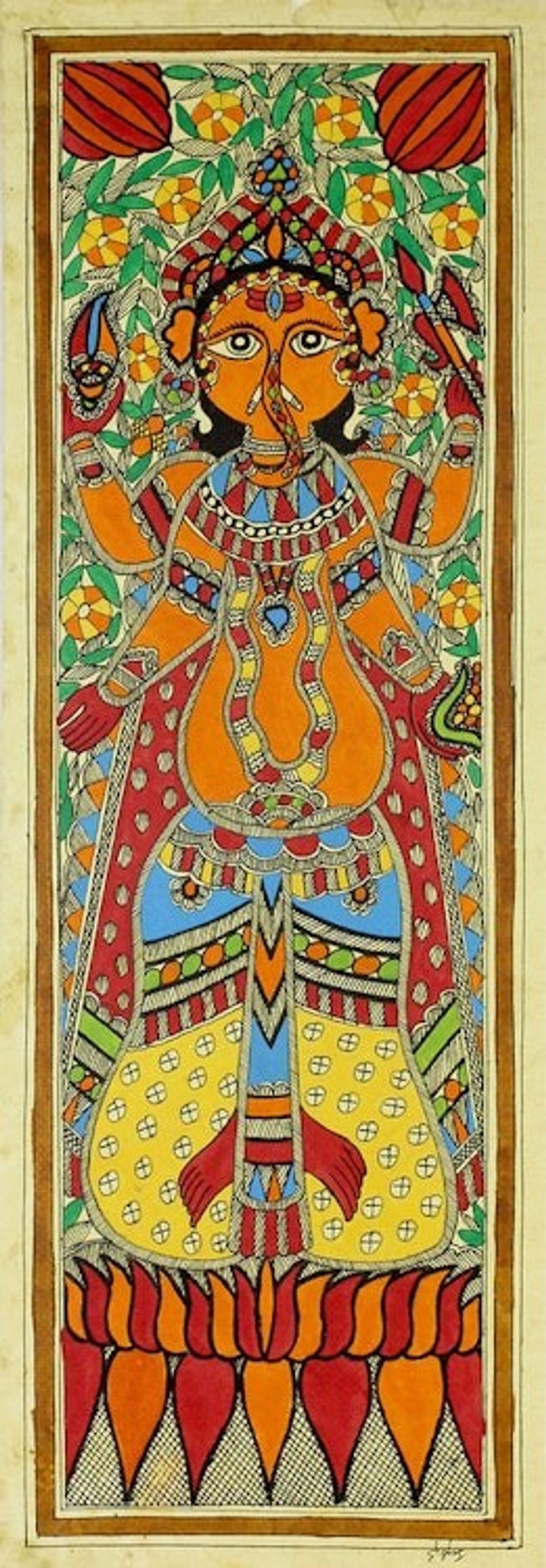 Hindu Deity Signed Madhubani Painting from India 'Happy Ganesha II'