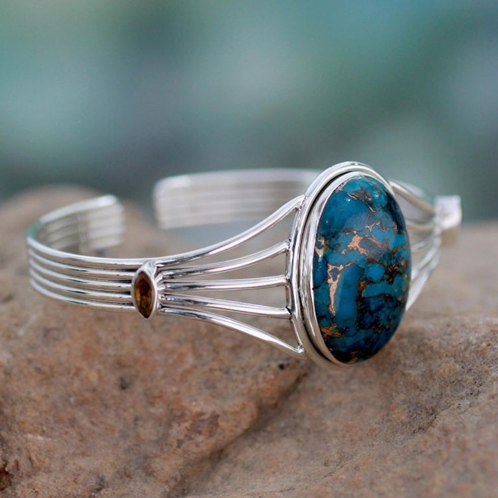 Citrine and Composite Turquoise Silver Cuff Bracelet 'Blue Island'