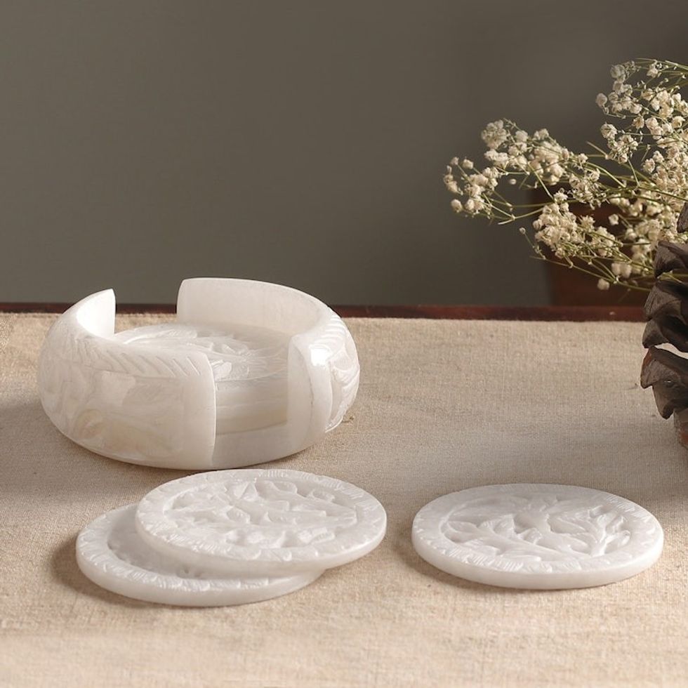6 Carved White Indian Marble Coasters and Holder 'White Agra Rose'