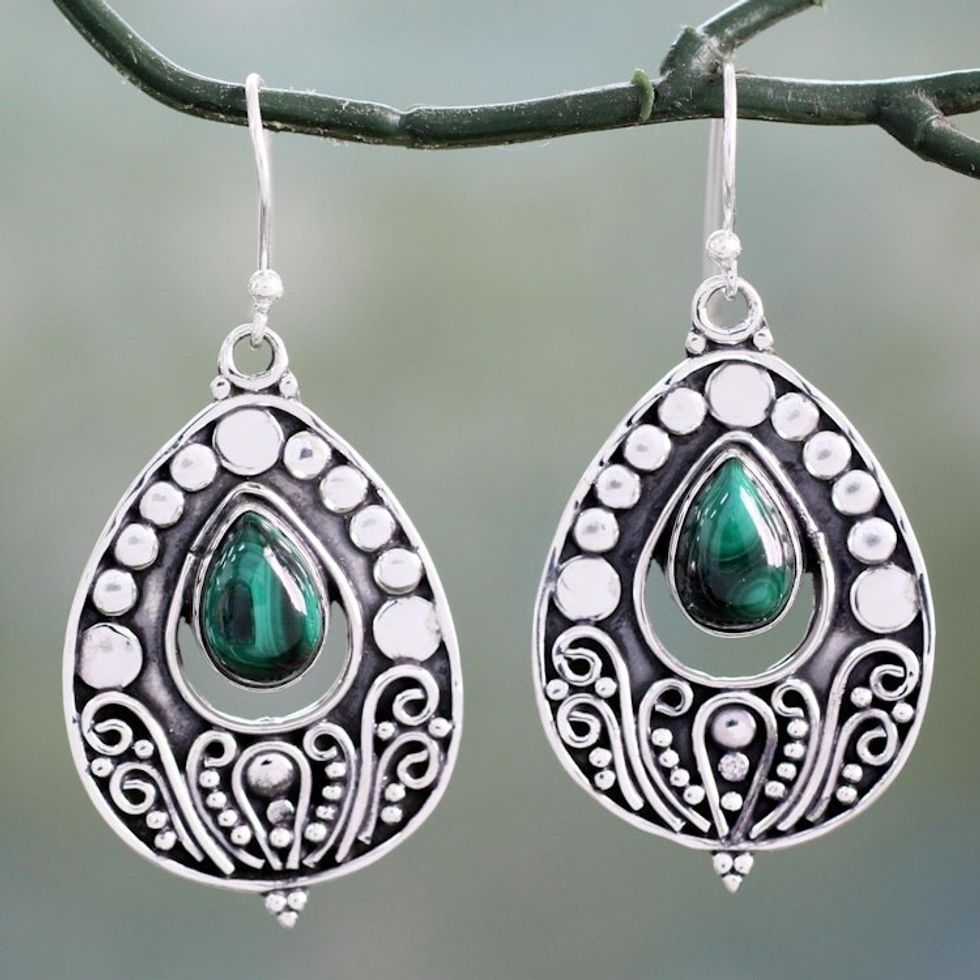 Ornate Sterling Silver Dangle Earrings with Malachite 'Jaipuri Princess'