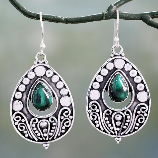 Alternate image for Ornate Sterling Silver Dangle Earrings with Malachite Jaipuri Princess