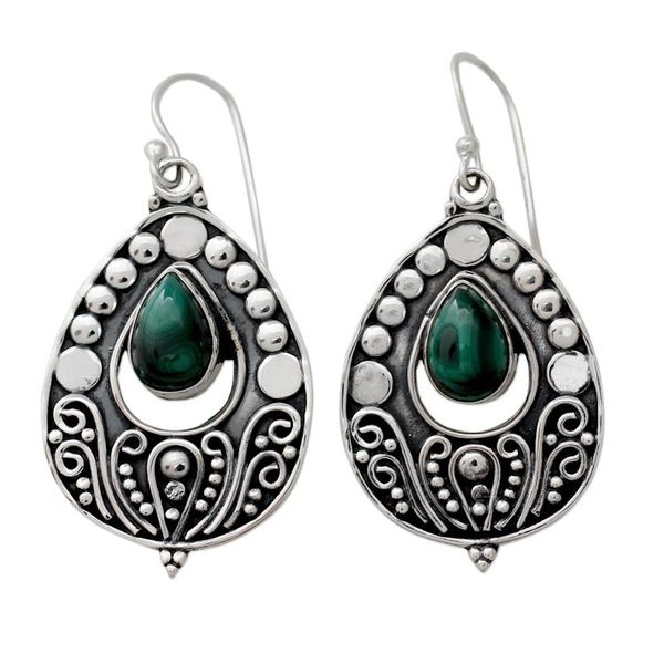 Alternate image for Ornate Sterling Silver Dangle Earrings with Malachite Jaipuri Princess