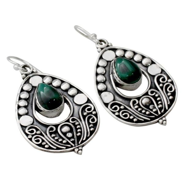 Alternate image for Ornate Sterling Silver Dangle Earrings with Malachite Jaipuri Princess