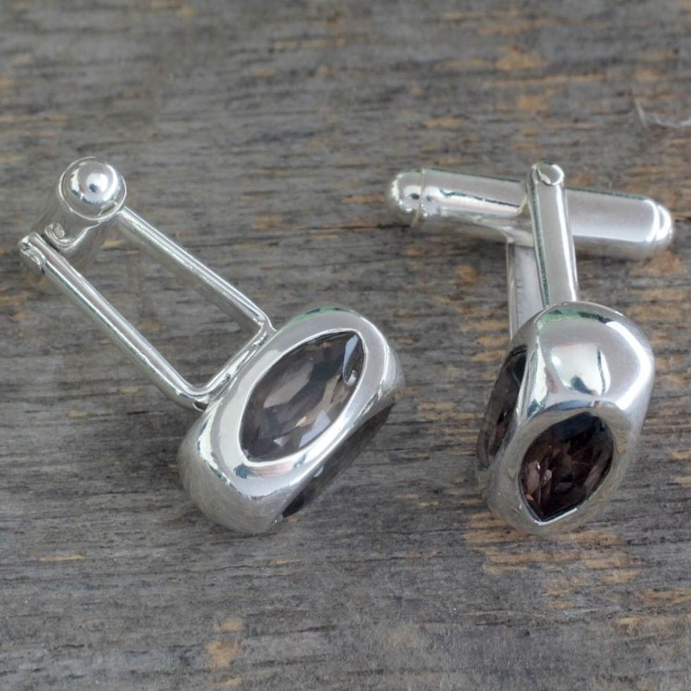 Fair Trade Smoky Quartz and Silver Cufflinks from India 'Light'