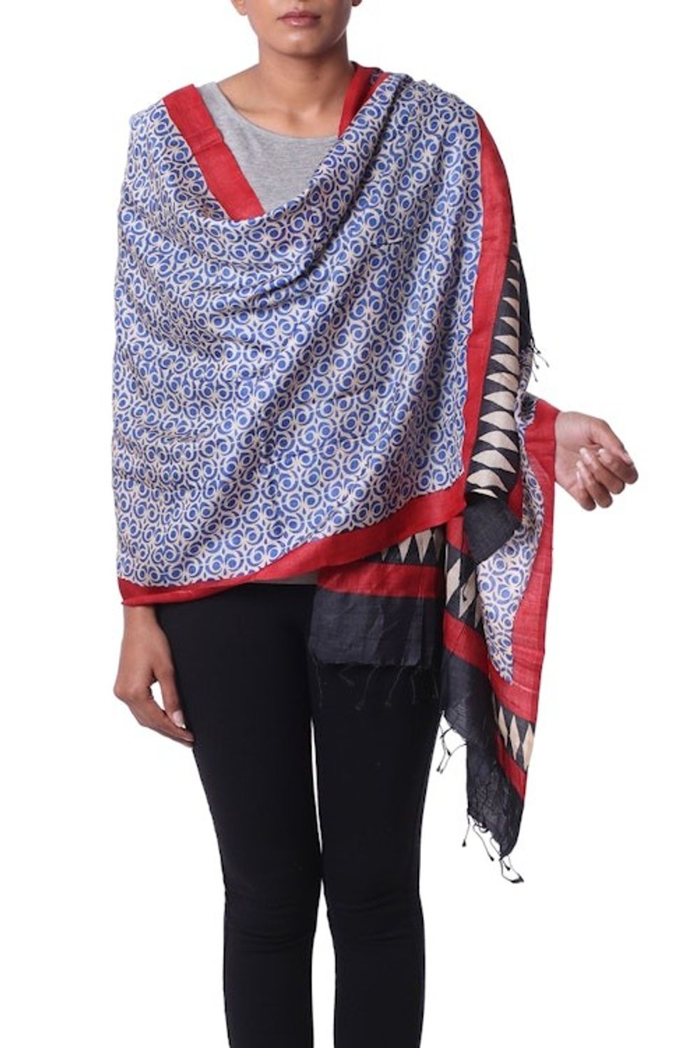 Hand Woven Indian Silk Shawl in Sapphire Crimson and Black 'Sapphire Crests'
