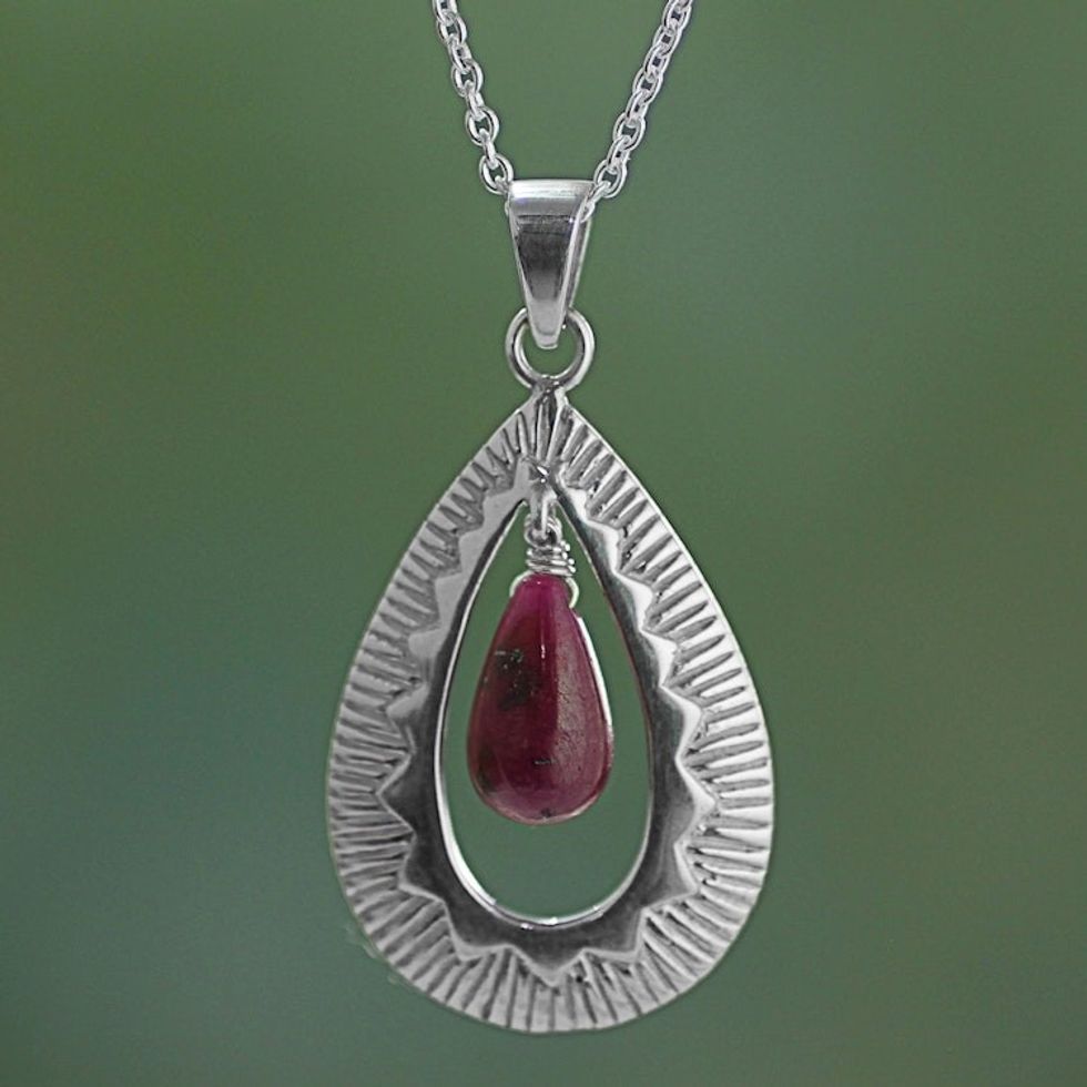 Handcrafted Silver Ruby Pendant Chain Necklace from India 'Ruby Grandeur'