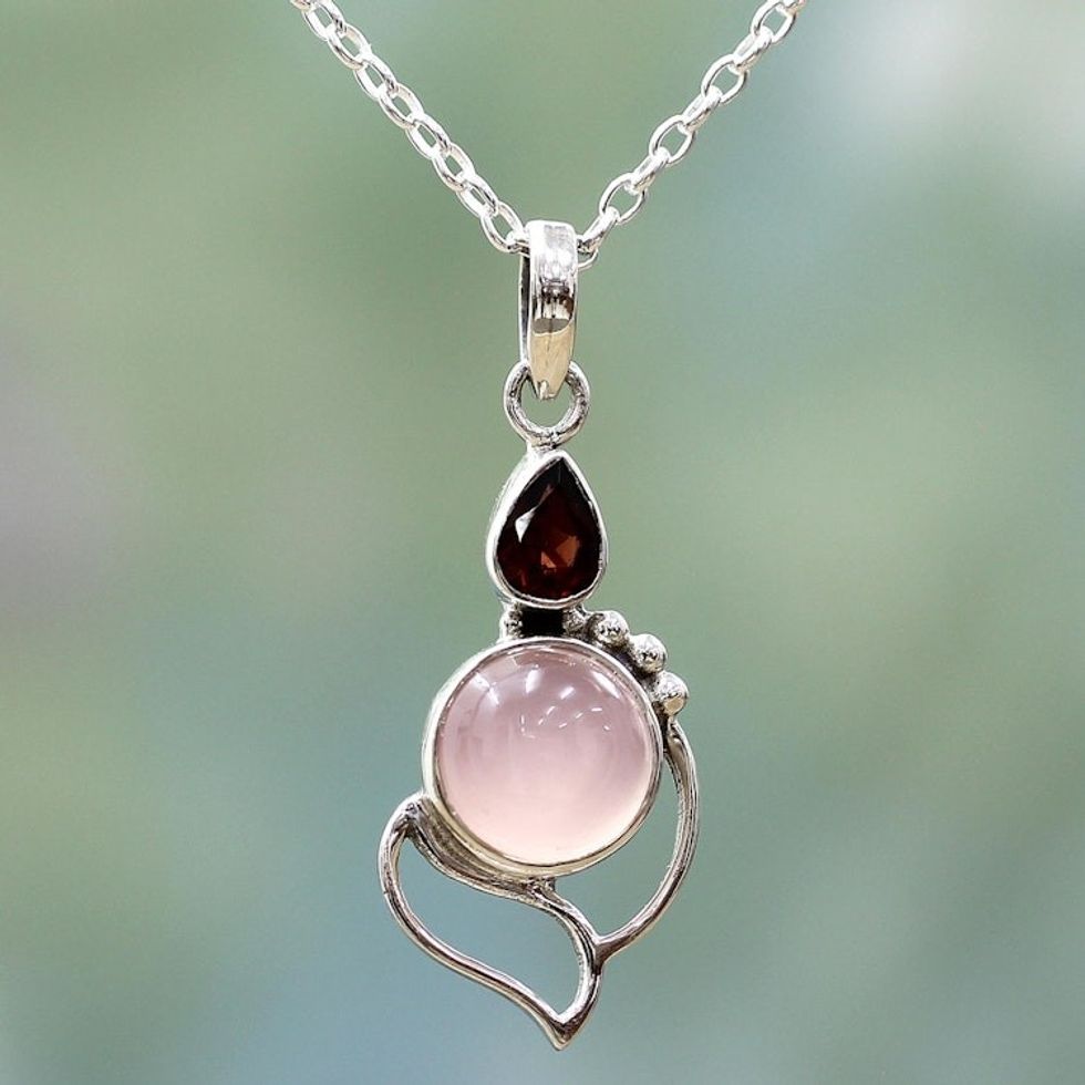 Garnet Chalcedony Sterling Silver Pendant Necklace India 'Pink Crest'