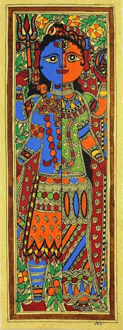 Alternate image for Authentic India Madhubani Painting of Shiva and Parvati Ardhnareshwar
